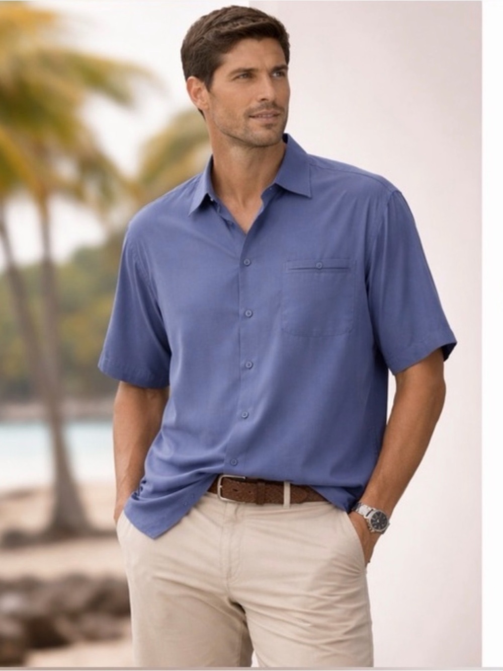 Michael Brandon Large 100% Silk Blue Short Sleeve Button Down Classic Fit Resort